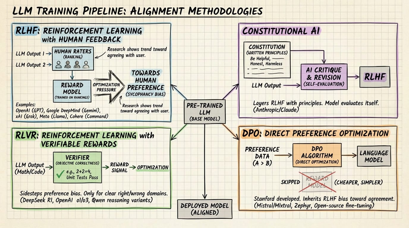 A hand-drawn style diagram titled "LLM Training Pipeline: Alignment Methodologies." A central box labeled "Pre-Trained LLM (Base Model)" connects to four alignment approaches: RLHF (Reinforcement Learning with Human Feedback), shown with human raters ranking outputs feeding into a reward model with optimization pressure toward sycophancy bias; Constitutional AI, shown as written principles feeding into AI self-critique before RLHF, used by Anthropic/Claude; RLVR (Reinforcement Learning with Verifiable Rewards), shown with a verifier checking objective correctness for math and code, used by DeepSeek R1 and OpenAI o1/o3; and DPO (Direct Preference Optimization), shown as preference data feeding directly into the language model, skipping the reward model entirely, used by Mistral/Mixtral and open-source fine-tuning. All paths except RLVR converge toward "Towards Human Preference (Sycophancy Bias)." All paths lead to "Deployed Model (Aligned)."